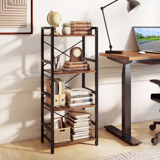 4-Tier Bookshelf Narrow Freestanding Display Shelf with Metal Frame-Oak