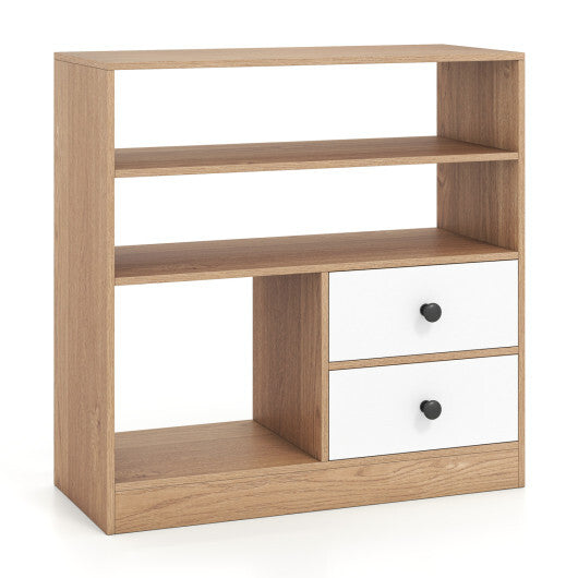 Open Storage Cabinet with 3 Open Compartments and 2 Drawer-Natural