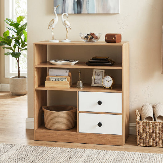 Open Storage Cabinet with 3 Open Compartments and 2 Drawer-Natural