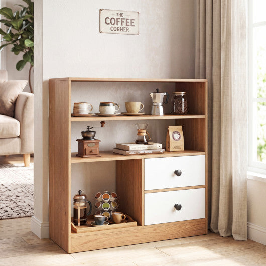 Open Storage Cabinet with 3 Open Compartments and 2 Drawer-Natural