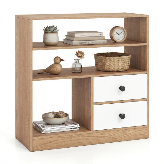 Open Storage Cabinet with 3 Open Compartments and 2 Drawer-Natural