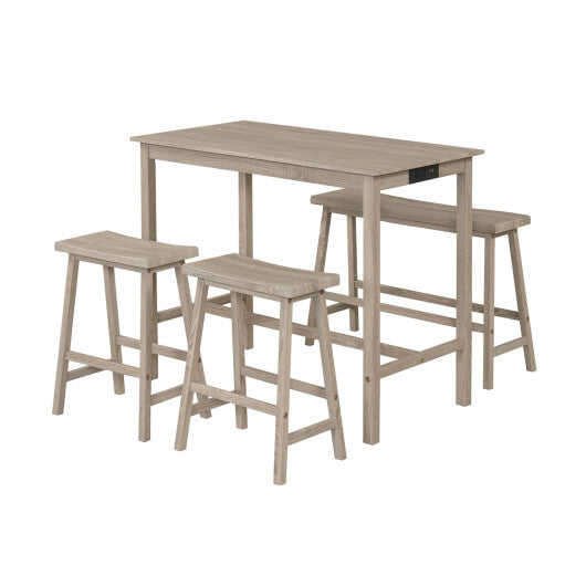 4-Piece Counter Height Dining Table Set with Power Outlet Solid Rubber Wood Kitchen Table-Gray