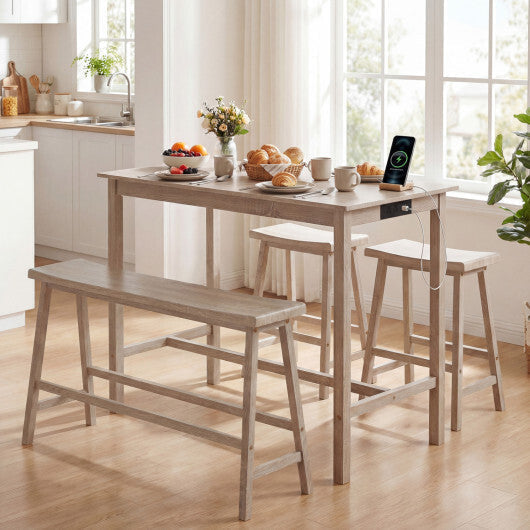 4-Piece Counter Height Dining Table Set with Power Outlet Solid Rubber Wood Kitchen Table-Gray
