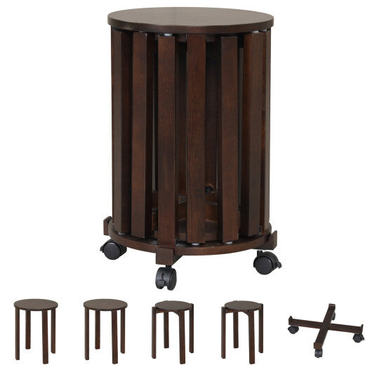 Round Portable Wood Nesting Stools with Locking Casters-Natural