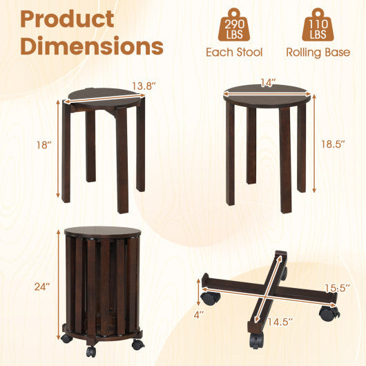 Round Portable Wood Nesting Stools with Locking Casters-Natural