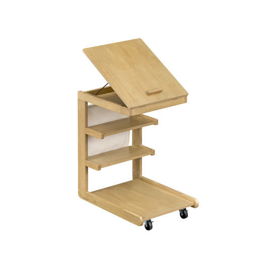 C-shaped End Table with Wheels and Adjustable Desktop for Sofa Couch Bedside-Natural