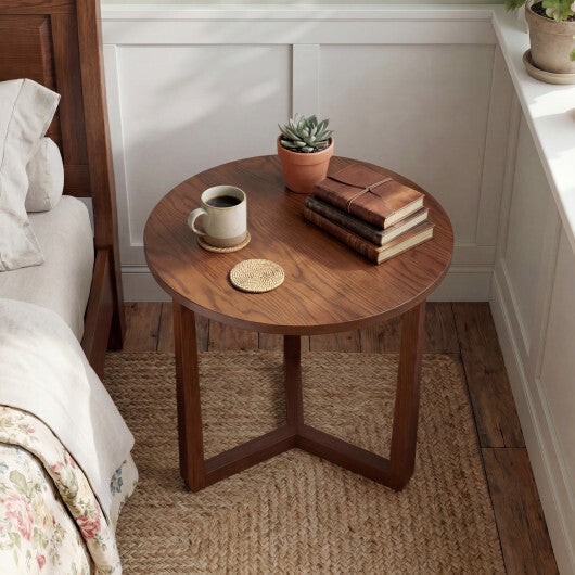 22.5 inch Round Side Table Farmhouse End Table with Sturdy Rubber Wood Legs and Triangular Structure-Natural