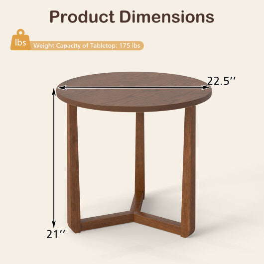 22.5 inch Round Side Table Farmhouse End Table with Sturdy Rubber Wood Legs and Triangular Structure-Natural