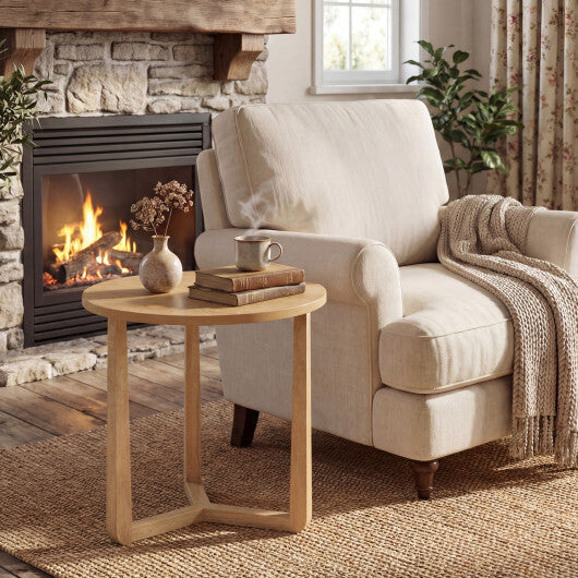22.5 inch Round Side Table Farmhouse End Table with Sturdy Rubber Wood Legs and Triangular Structure-Natural