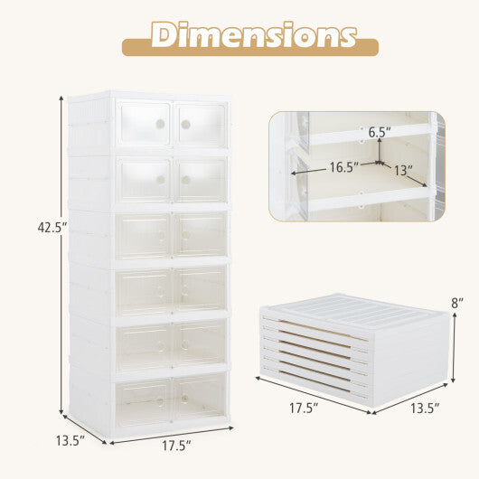 6-Tier Shoe Organizer with Clear Doors and Portable Design for 12 Pairs-White
