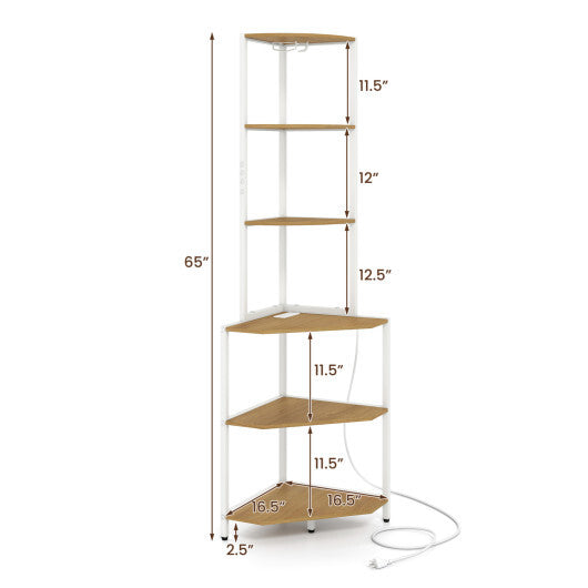 65 Inch 6-Tier Corner Shelf with Charging Station and Ambience Light-Natural