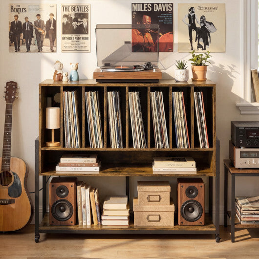 Turntable Stand with Charging Station and Vinyl Storage Shelves-Black
