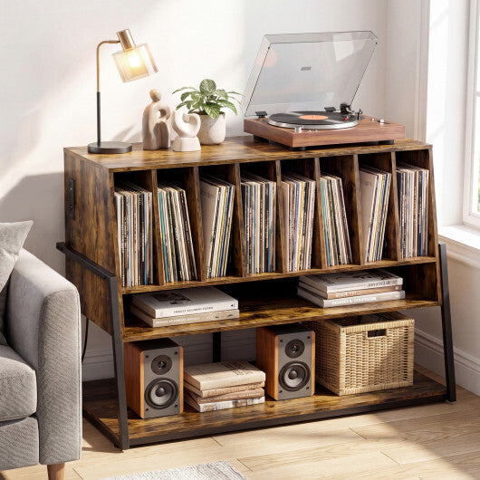 Turntable Stand with Charging Station and Vinyl Storage Shelves-Black
