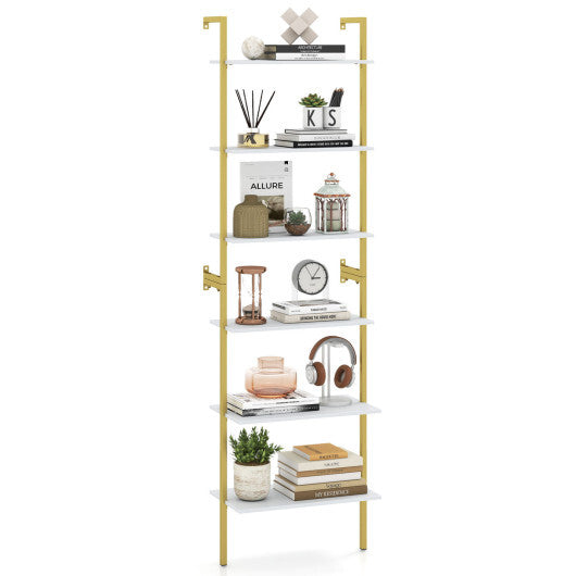 6-Tier Freestanding ladder Storage bookshelf with Metal Frame for Study and Pantry-White