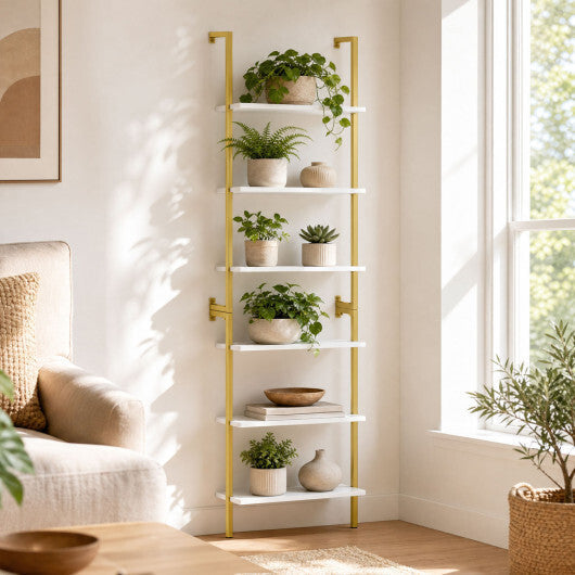 6-Tier Freestanding ladder Storage bookshelf with Metal Frame for Study and Pantry-White