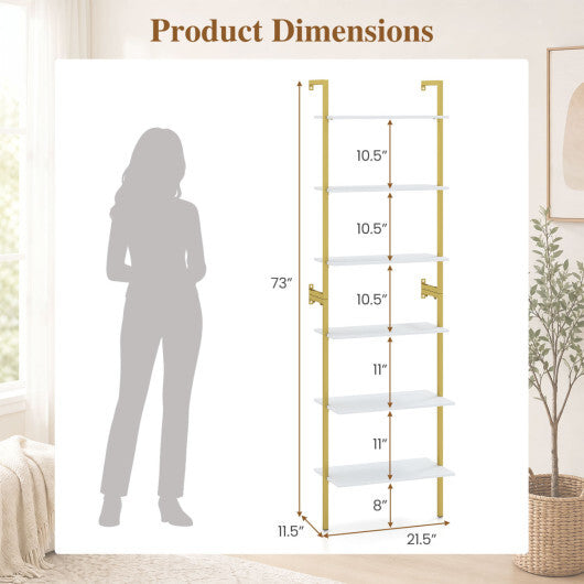 6-Tier Freestanding ladder Storage bookshelf with Metal Frame for Study and Pantry-White
