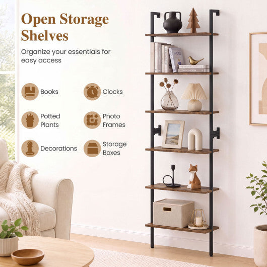 6-Tier Freestanding ladder Storage bookshelf with Metal Frame for Study and Pantry-White