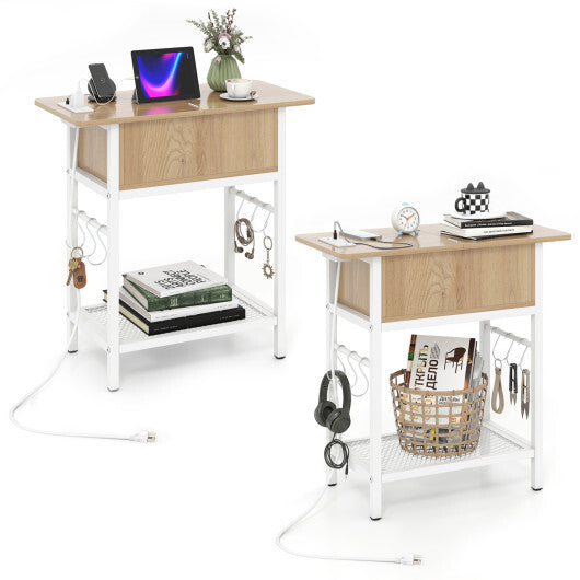 Set of 2 End Table with Charging Station and Hidden Compartment-Natural