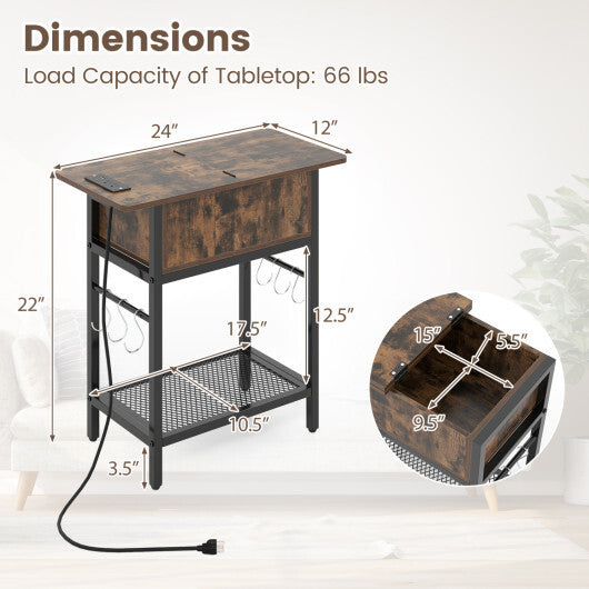 Set of 2 End Table with Charging Station and Hidden Compartment-Natural