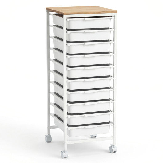 10-Drawer Rolling Storage Cart Mobile Utility Organizer with Wooden Tabletop and Lockable Wheels-White
