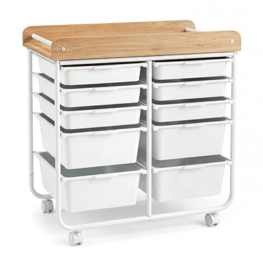 10-Drawer Rolling Cart with Wooden Tabletop and Lockable Wheels for Office-White