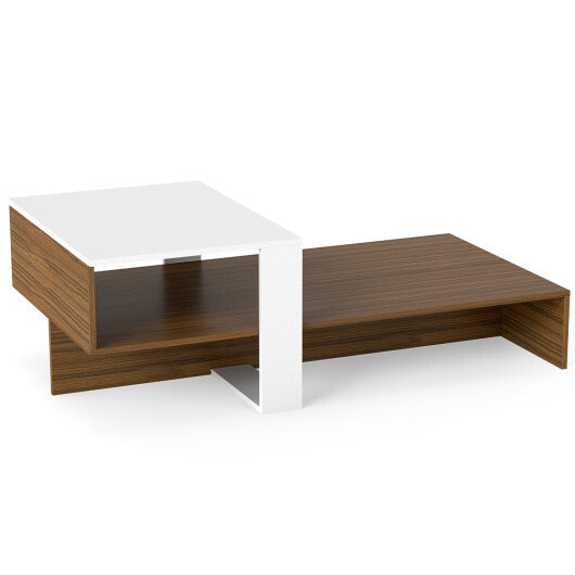 2-Tier Coffee Table Modern Irregular Center Table with Open Storage Shelf-Brown