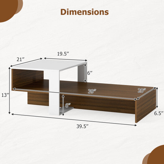 2-Tier Coffee Table Modern Irregular Center Table with Open Storage Shelf-Brown
