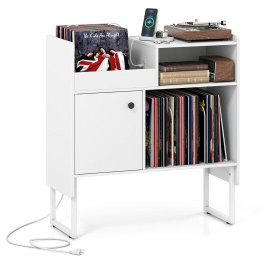 Record Player Stand with Power Outlets and Vinyl Storage Holder up to 250 Albums-Black