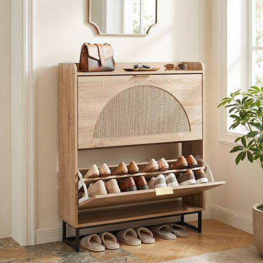 Narrow Shoe Storage Cabinet with 2 Flip Drawers and Adjustable Shelves-Natural