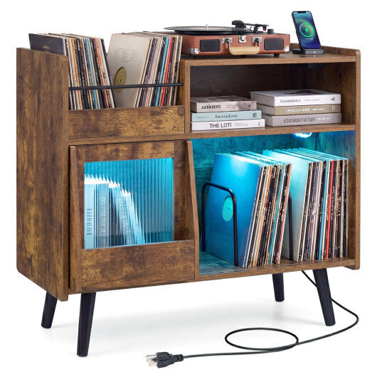 Record Player Stand with LED Light and Power Outlets-Black