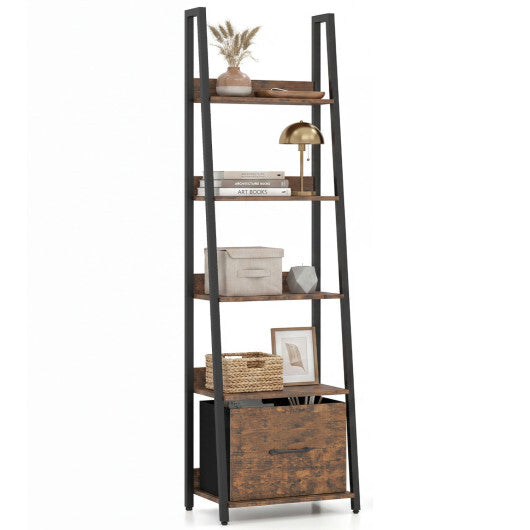 5-Tier Ladder Bookshelf with Fabric Drawer for Living Room and Home Office-Black