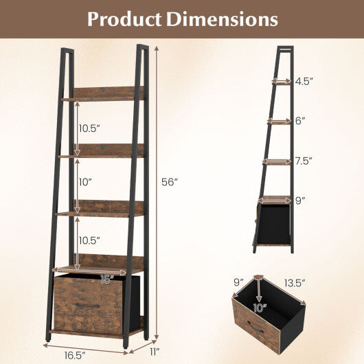 5-Tier Ladder Bookshelf with Fabric Drawer for Living Room and Home Office-Black