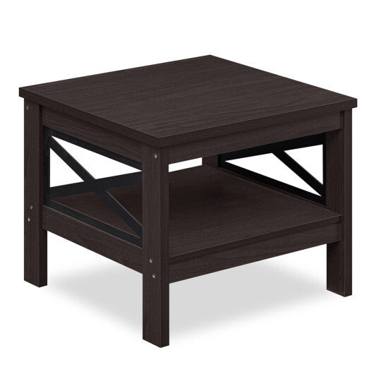 2-Tier Square Side Table with Storage Shelf and X-Frame for Bedroom Living Room-Brown