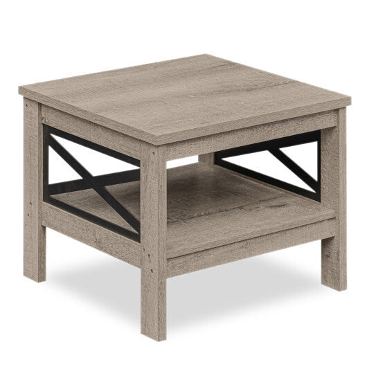 2-Tier Square Side Table with Storage Shelf and X-Frame for Bedroom Living Room-Brown