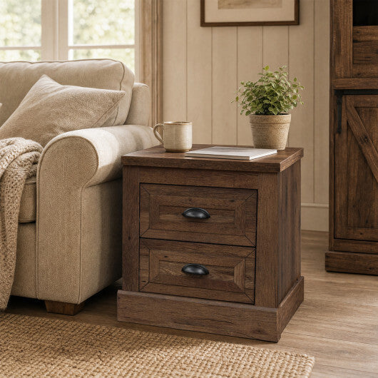 Farmhouse Nightstand with 2 Drawers & Storage for Living Room Bedroom-Brown