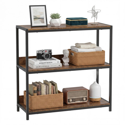 3-Tier Industrial Bookshelf with Wooden Shelves and Metal Frame-Rustic Brown