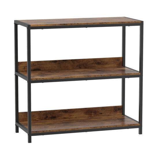 3-Tier Industrial Bookshelf with Wooden Shelves and Metal Frame-Rustic Brown