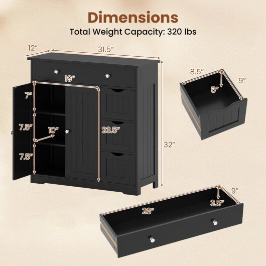 Bathroom Floor Cabinet with 4 Drawers with 2 Doors and Adjustable Shelf-White