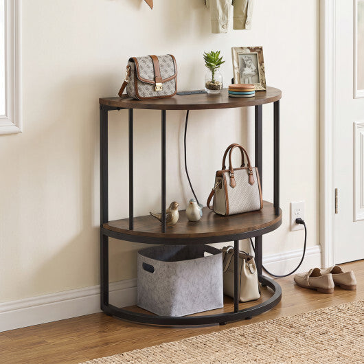 2-Tier Half Moon Console Table with Power Outlets and Storage Shel for Hallway-White