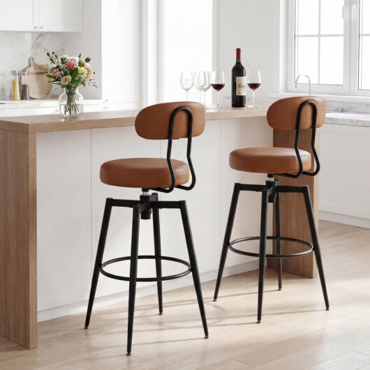 Set of 2 Swivel Barstools Faux Leather with Upholstered Seat and Back-Brown