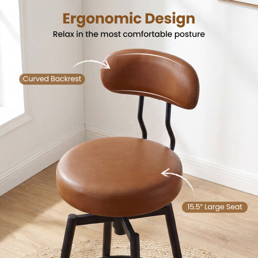 Set of 2 Swivel Barstools Faux Leather with Upholstered Seat and Back-Brown