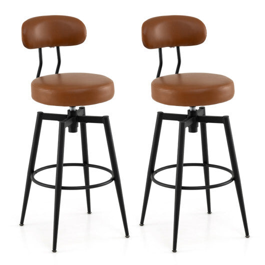 Set of 2 Swivel Barstools Faux Leather with Upholstered Seat and Back-Brown