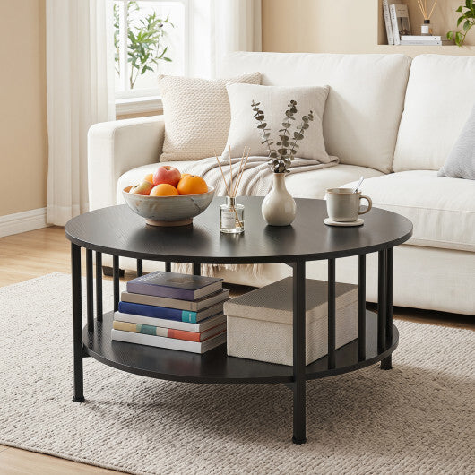 2-Tier Round Coffee Table with Storage Shelf and Metal Accents in Black Walnut-Walnut