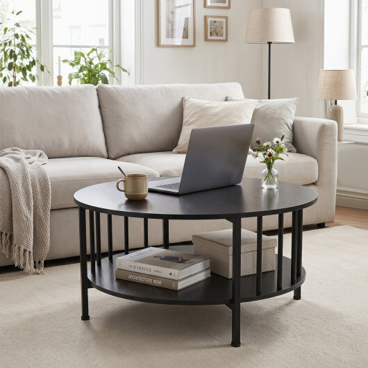 2-Tier Round Coffee Table with Storage Shelf and Metal Accents in Black Walnut-Walnut
