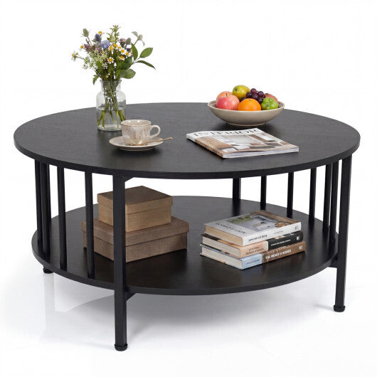 2-Tier Round Coffee Table with Storage Shelf and Metal Accents in Black Walnut-Walnut