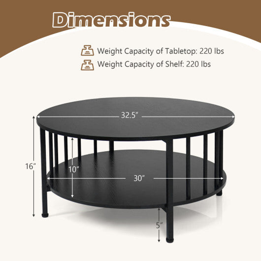 2-Tier Round Coffee Table with Storage Shelf and Metal Accents in Black Walnut-Walnut