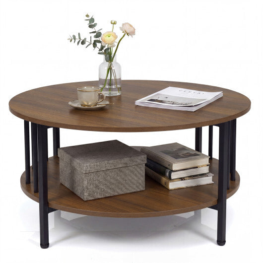2-Tier Round Coffee Table with Storage Shelf and Metal Accents in Black Walnut-Walnut