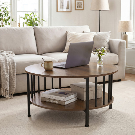 2-Tier Round Coffee Table with Storage Shelf and Metal Accents in Black Walnut-Walnut
