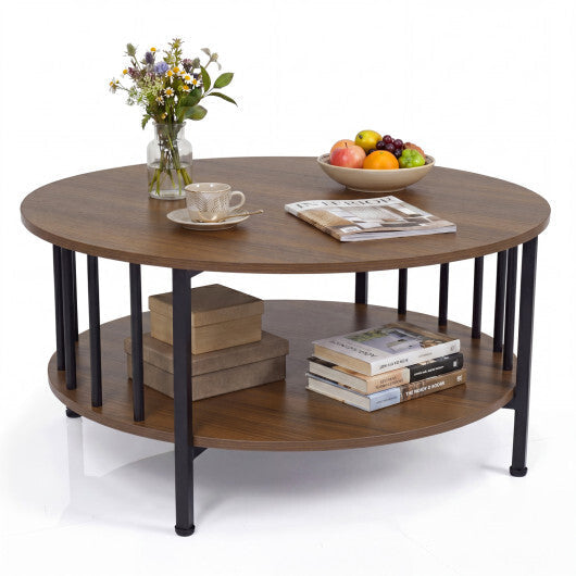 2-Tier Round Coffee Table with Storage Shelf and Metal Accents in Black Walnut-Walnut