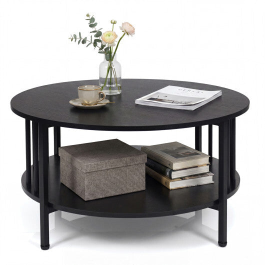 2-Tier Round Coffee Table with Storage Shelf and Metal Accents in Black Walnut-Walnut